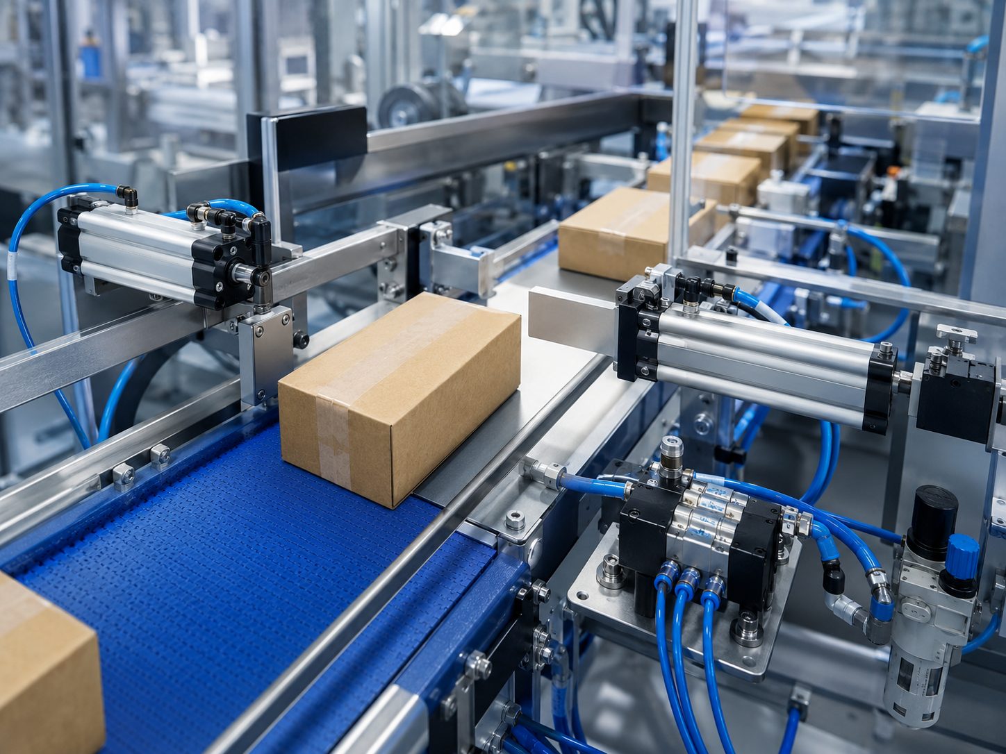 Pneumatikzylinder an einer Verpackungslinie