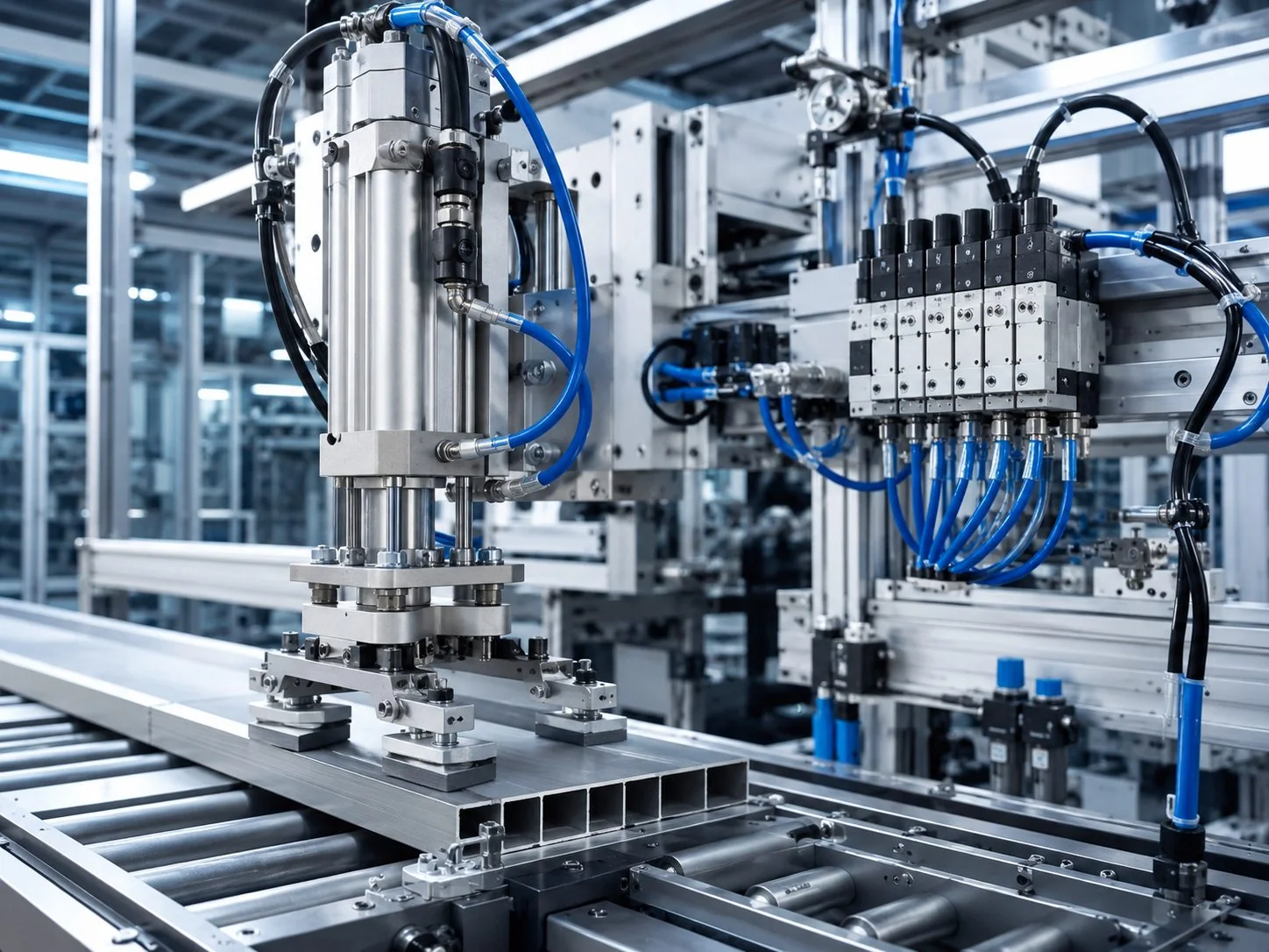 Pneumatikzylinder und Ventilinsel an einer Automatisierungsanlage