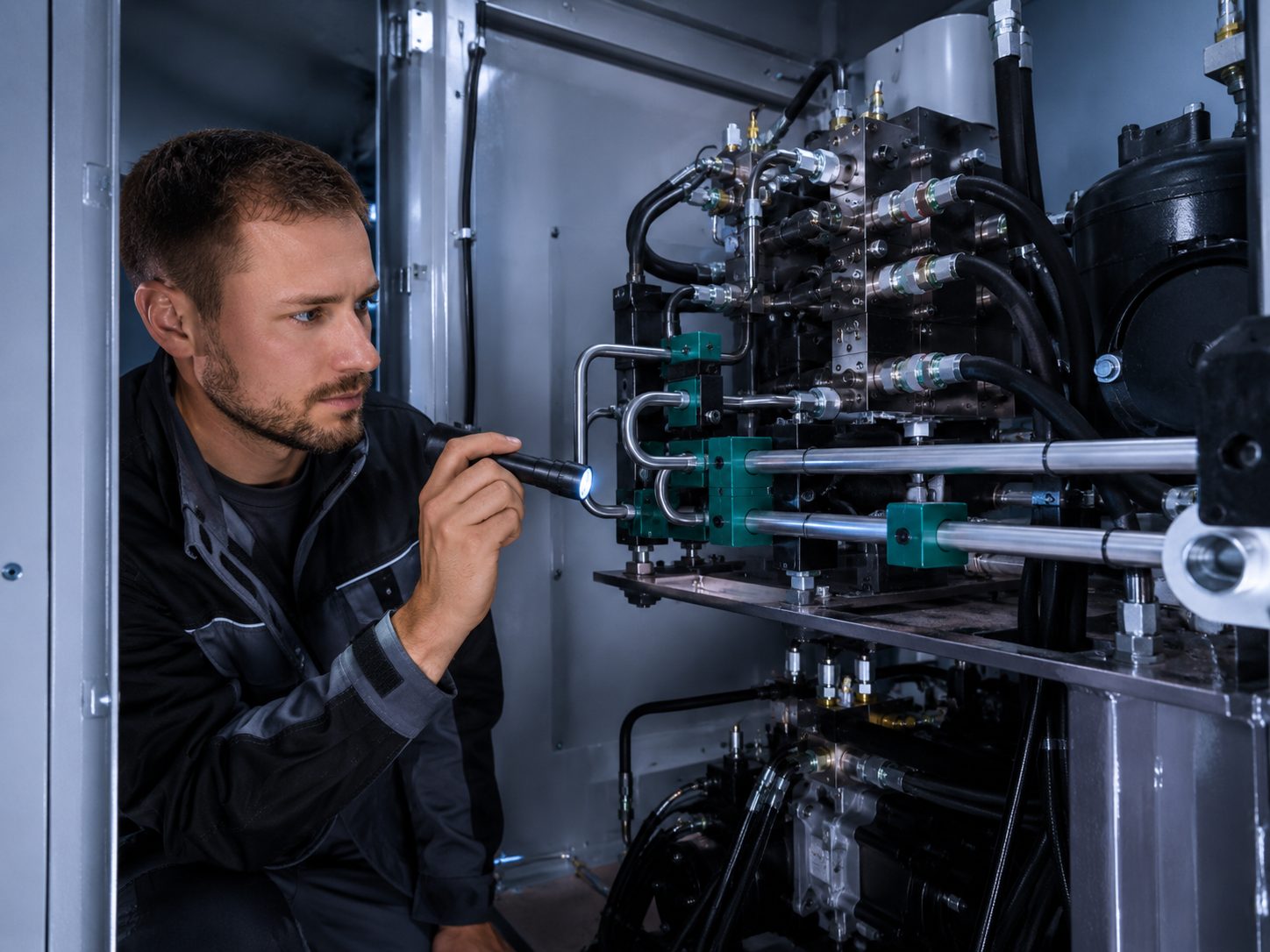 Techniker prüft Verbindungstechnik im Hydraulikaggregat