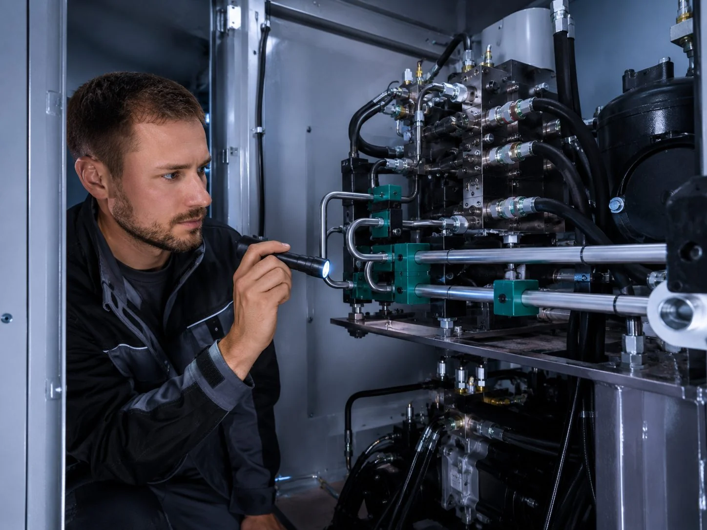 Techniker prüft Verbindungstechnik im Hydraulikaggregat