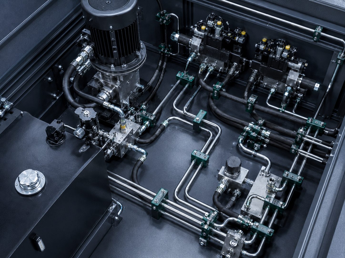 Verrohrung und Verschraubungen im Hydraulikaggregat